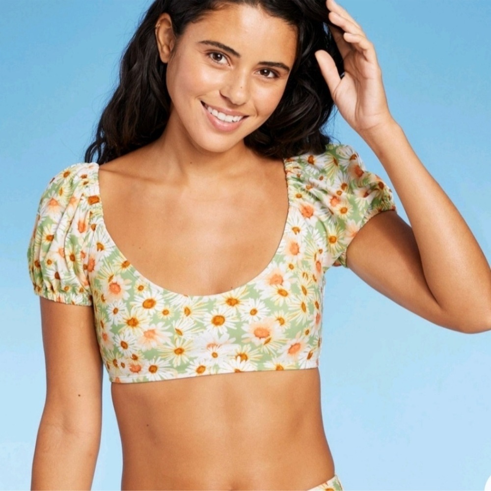 Wild Fable Daisy Floral Bikini Top Small Puff Sleeve Tie Front Cottagecore Swim